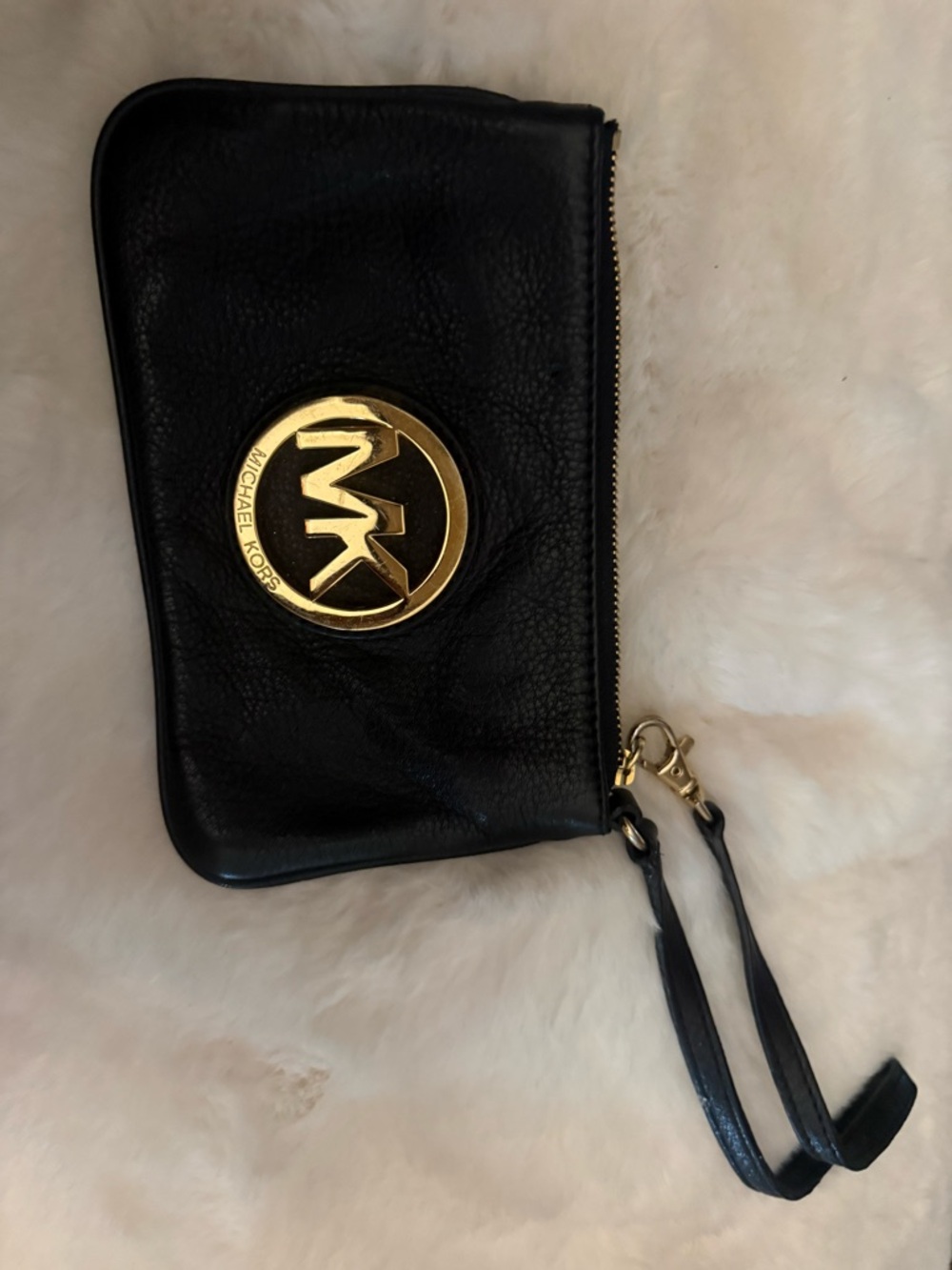 Michael Kors Black Leather Wristlet with Gold MK Emblem